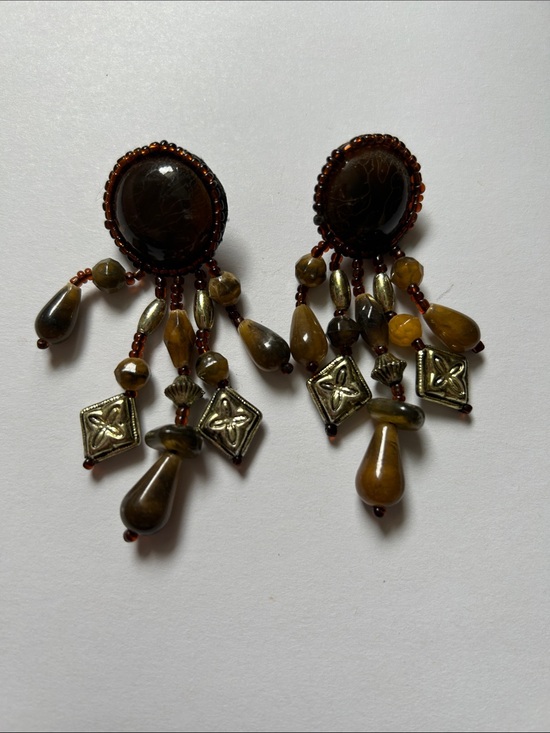 unknown Jewelry - Brown Beaded Drop Statement Earrings - Boho Elegance j7